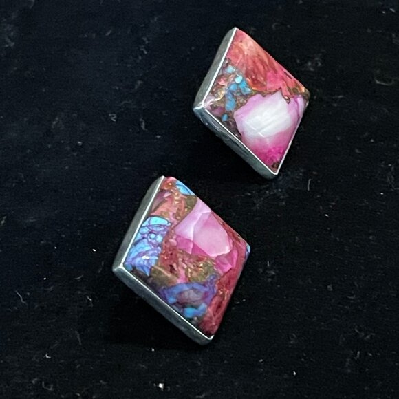 Kingman Turquoise Purple Dahlia Pierced Earrings set in 925 Silver - Picture 6 of 12